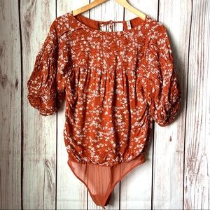 Free People Intimates Women Orange Puff Sleeve Bodysuit Blouse Top Small